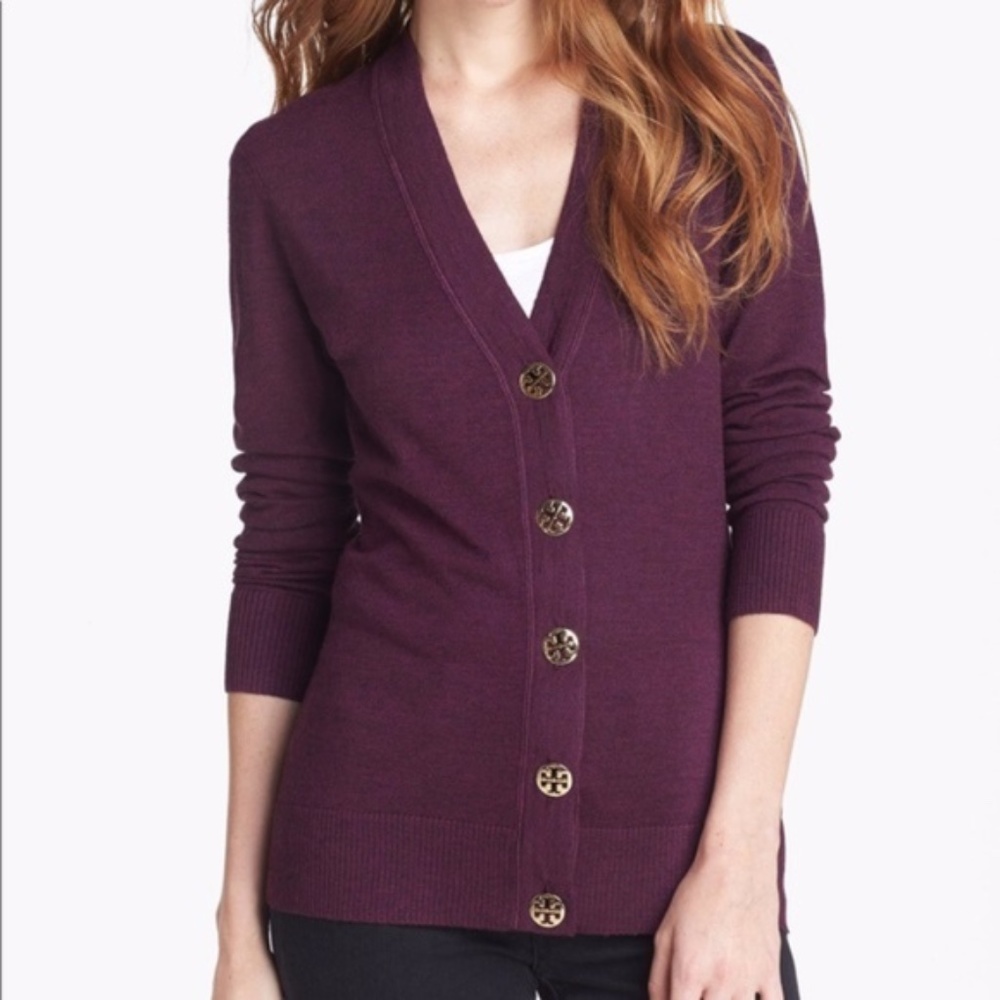 Tory Burch Small Simone cotton Cardigan Maroon w/ Gold buttons